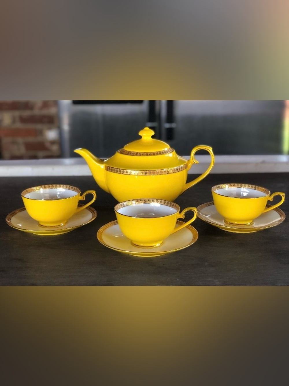 Rare Teavana Noble Poppy Yellow Bone China Tea Set 9 Pc 14k Gold